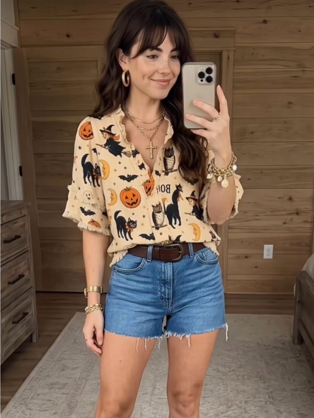 Cream Halloween Print Ruffle Collar Blouse for Women L
